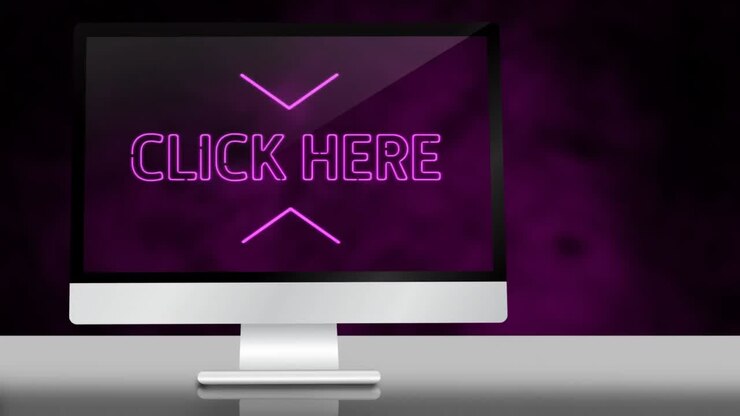 Animation af ordene Klik her, flimrende på skærmen af en stationær computer på lilla baggrund.
