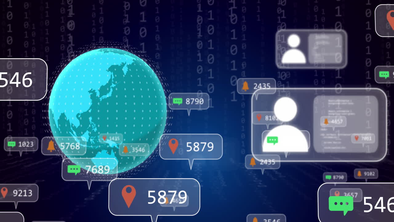 Animation of binary coding and data processing over globe and icons