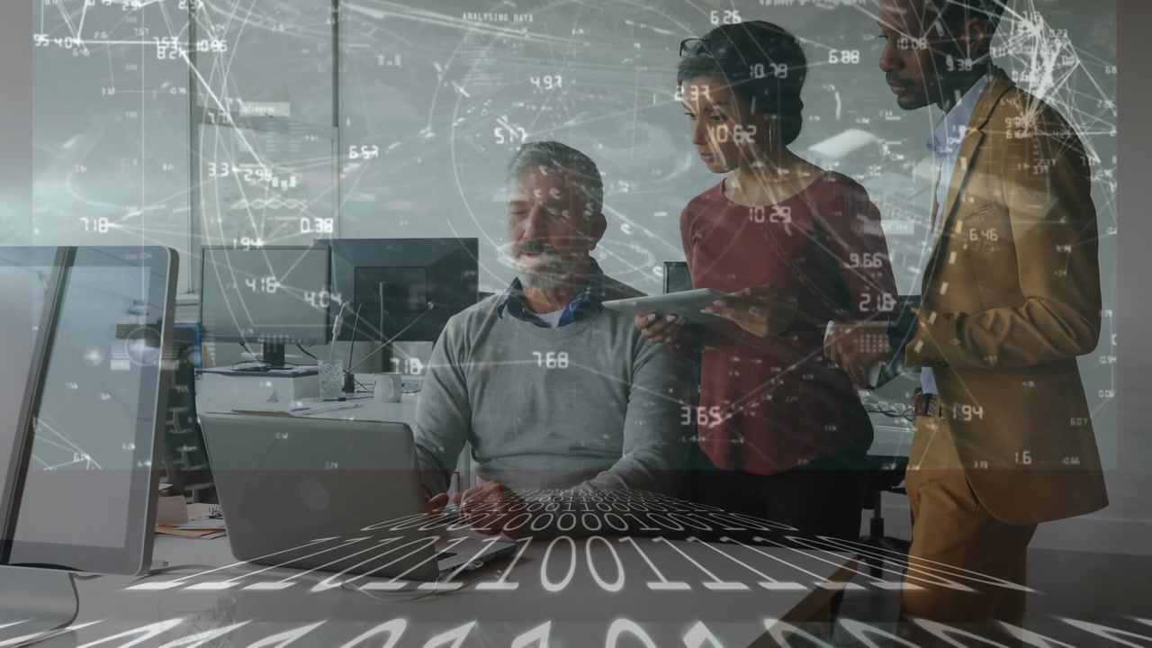 Animation of data processing over diverse business people using laptop and tablet