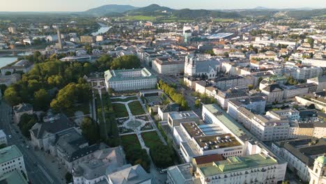 Beautiful-Aerial-View-Above-Mirabell-Gardens-in-Salzburg,-Austria-at-Historic-Mirabell-Palace