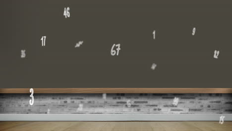 animación digital de múltiples números y símbolos flotando contra la pared de ladrillo