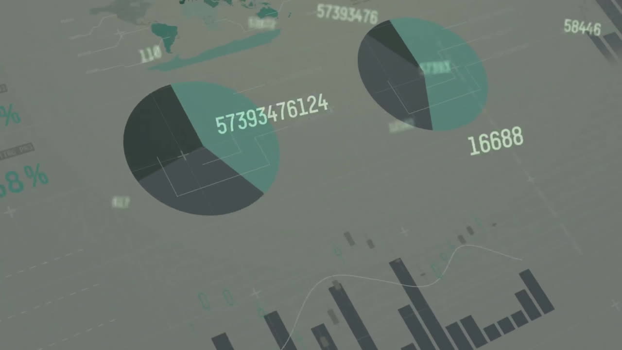 Animation of data processing and statistics over grey background