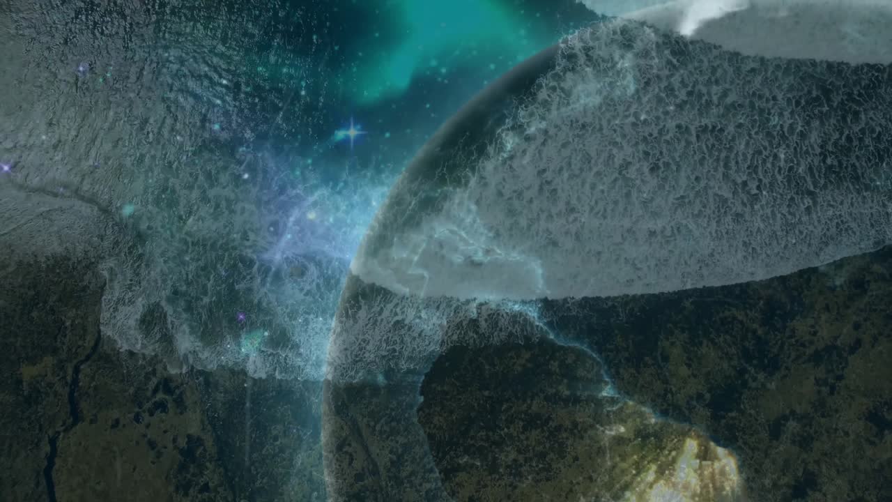 After nebula flare camera orbiting planet-like sphere and revealing light bursts to showcase space