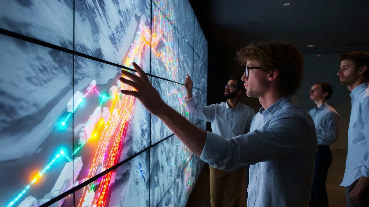 A group of individuals actively engaging with a large, high-tech display showcasing data visualizations, manipulating colorful light patterns and interactive graphics in a modern technology setting