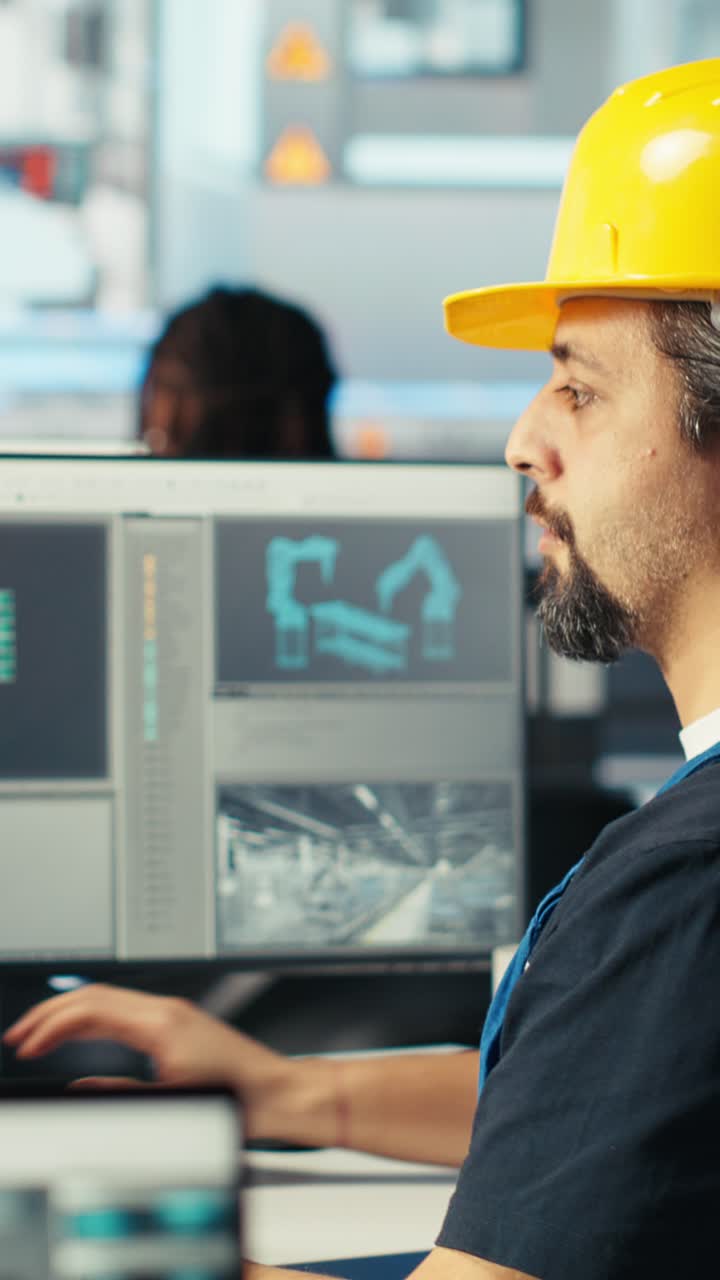 Vertical Video Photovoltaics Factory Engineer Planning Work On Facility Floor In Cad Software