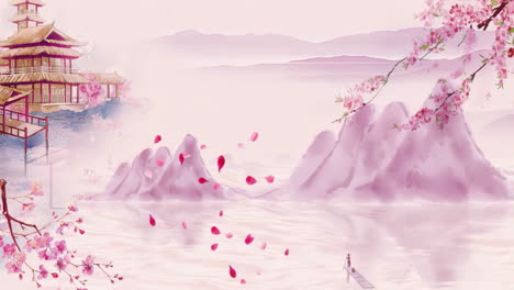 Fantasy-bright-ambience-landscape-Elegant-high-end-Chinese-style-pink-of-beautiful-morning-sky,-mountains,-flowers,-lake,-ancient-house-with-simple-animation-in-Japanese-anime-watercolour-style