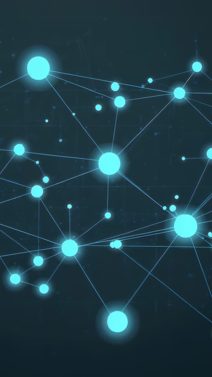 Vertical video: Brightening central cyan node sparking network pulsing on dark teal, sending data