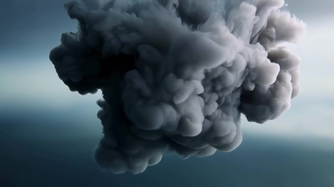 Dense smoke formation fills upper view with rounded billows, layered texture, and cool blue gray haze. Soft side light, moody contrast, spacious abstract atmosphere, heavy vapor shape