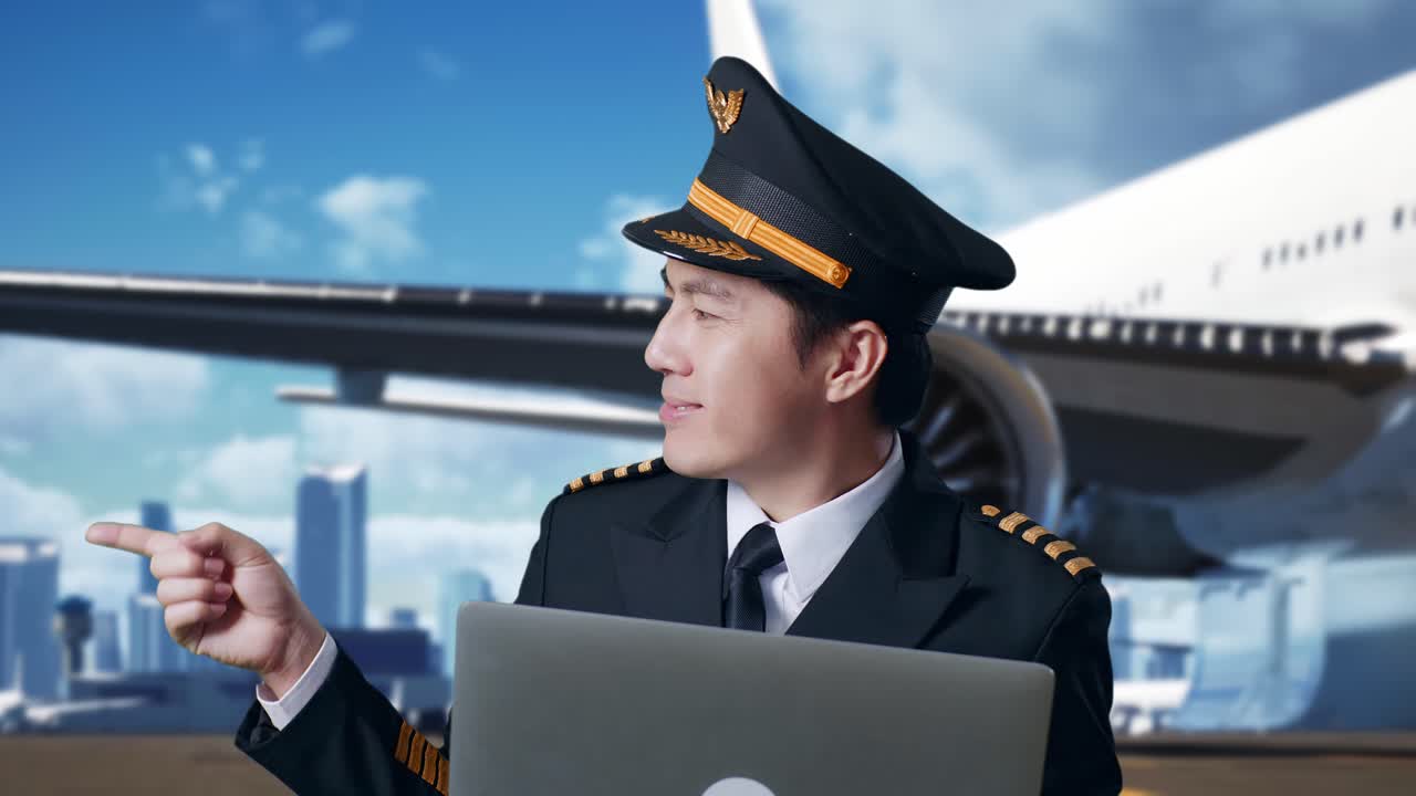 공항에서 노트북으로 작업하는 조종사