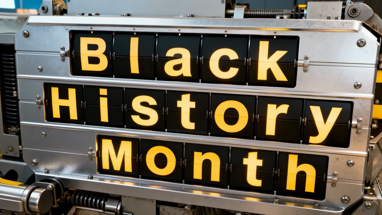Pannello di controllo che attiva il tabellone a bandierine che ruota le alette in un telaio di metallo che mostra il Mese della storia afroamericana