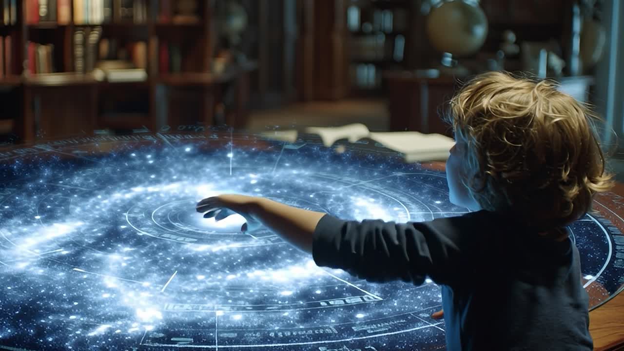 Child exploring a glowing galaxy projection in a cozy library setting