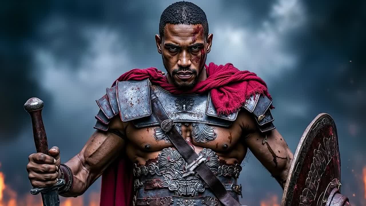 A man dressed as a gladiator holding a sword and shield