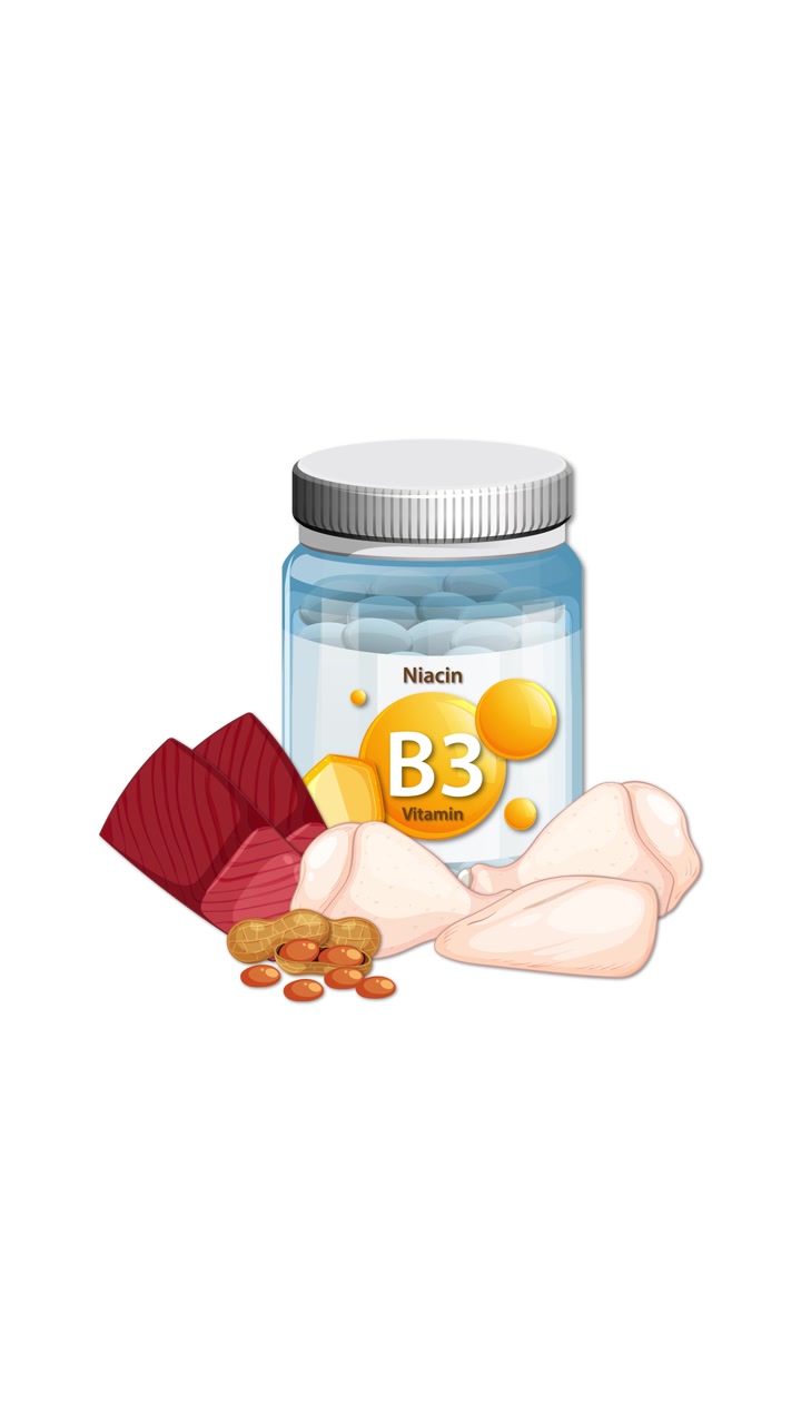Botol suplemen Vitamin B3 dengan ayam, hati, dan kacang-kacangan muncul di latar belakang putih, transisi mulus.