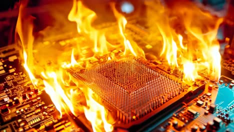 a computer motherboard on fire with a circuit board in the background