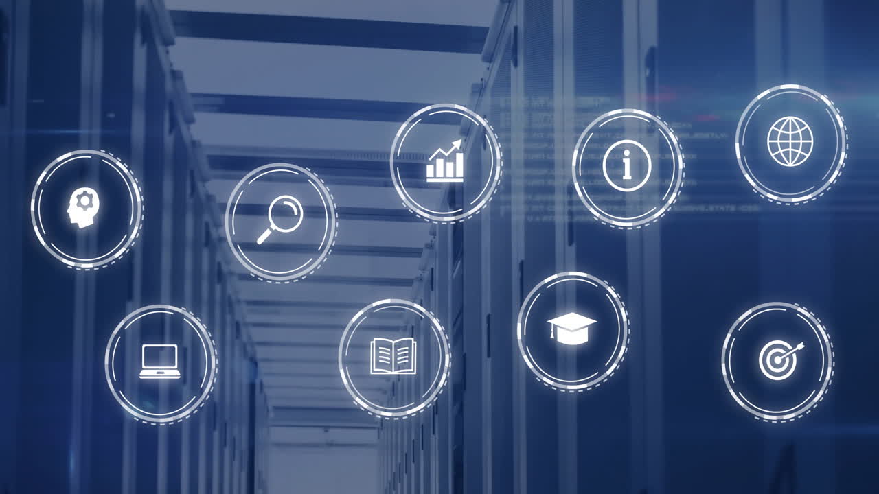 Animation of network of digital icons and computer servers