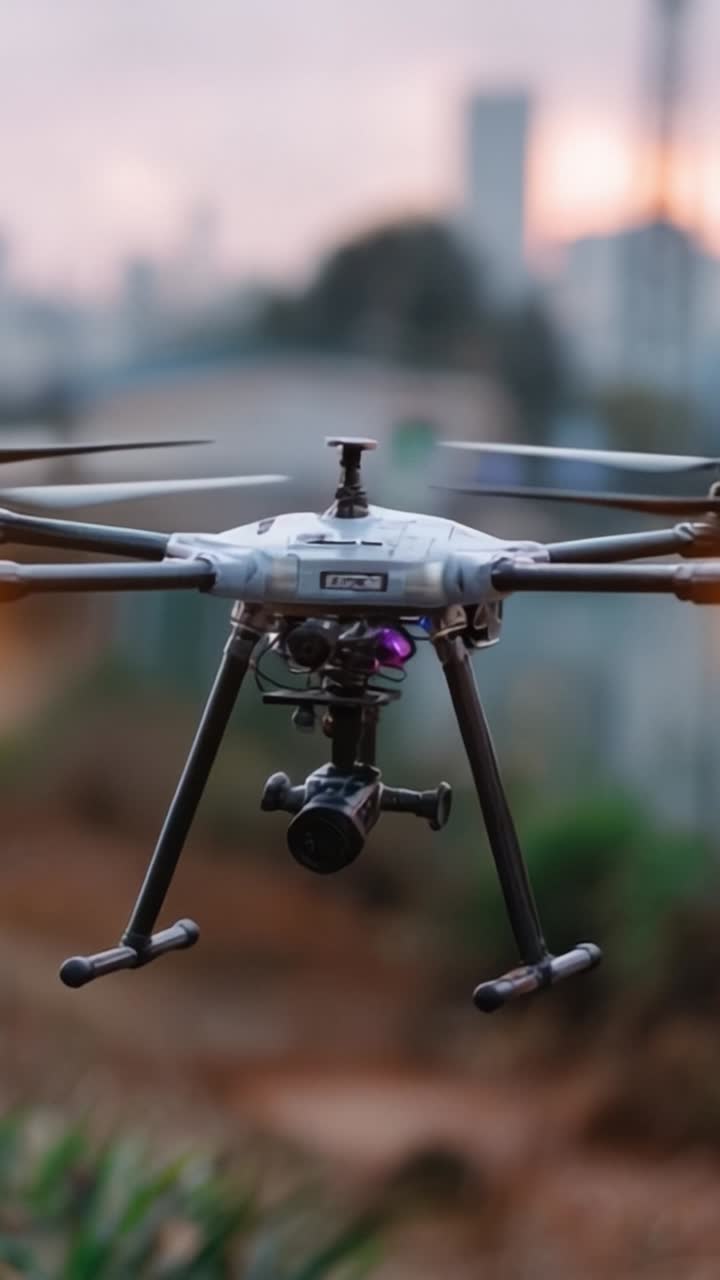 Un elegante drone quadricottero dotato di una fotocamera cattura straordinarie riprese aeree, mettendo in mostra la sua tecnologia avanzata e la capacità per la fotografia ad alta risoluzione