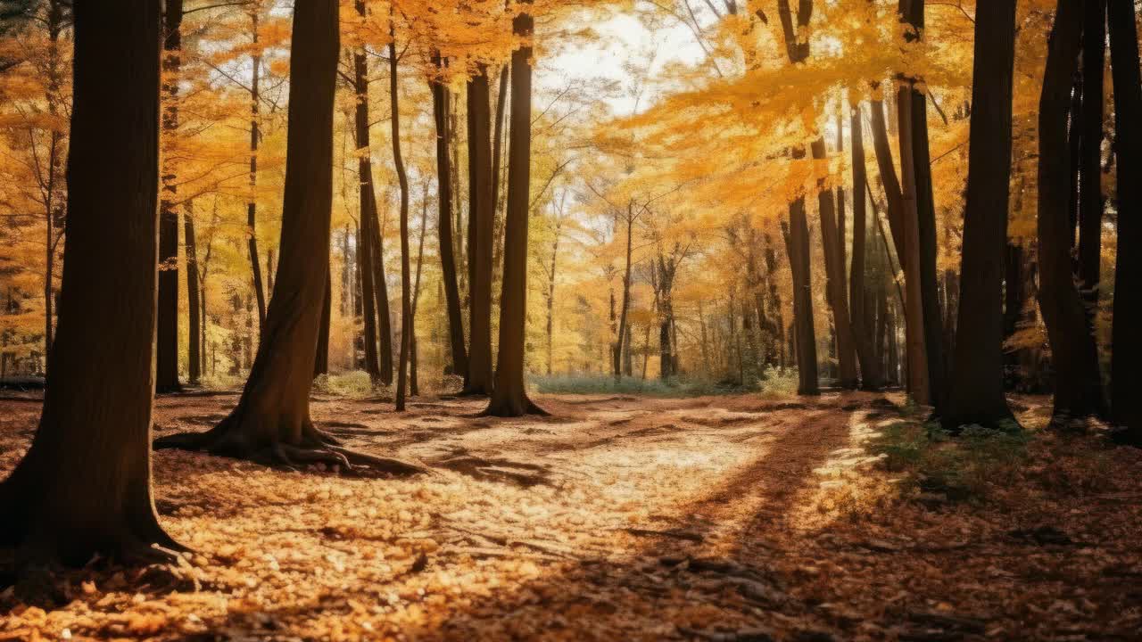 Low-angle video shot of a serene autumn forest, showcasing tall trees with golden leaves and soft