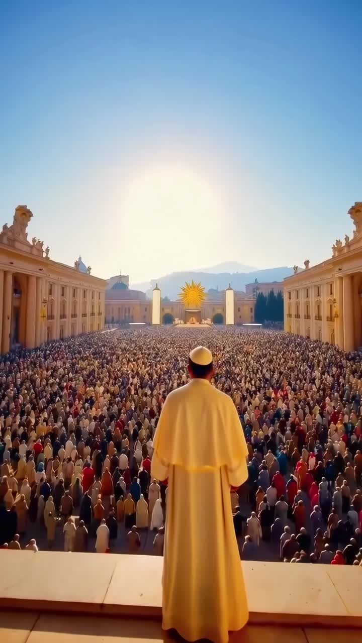Aerial view of a vast crowd gathered in a grand plaza, capturing a video of a spiritual event