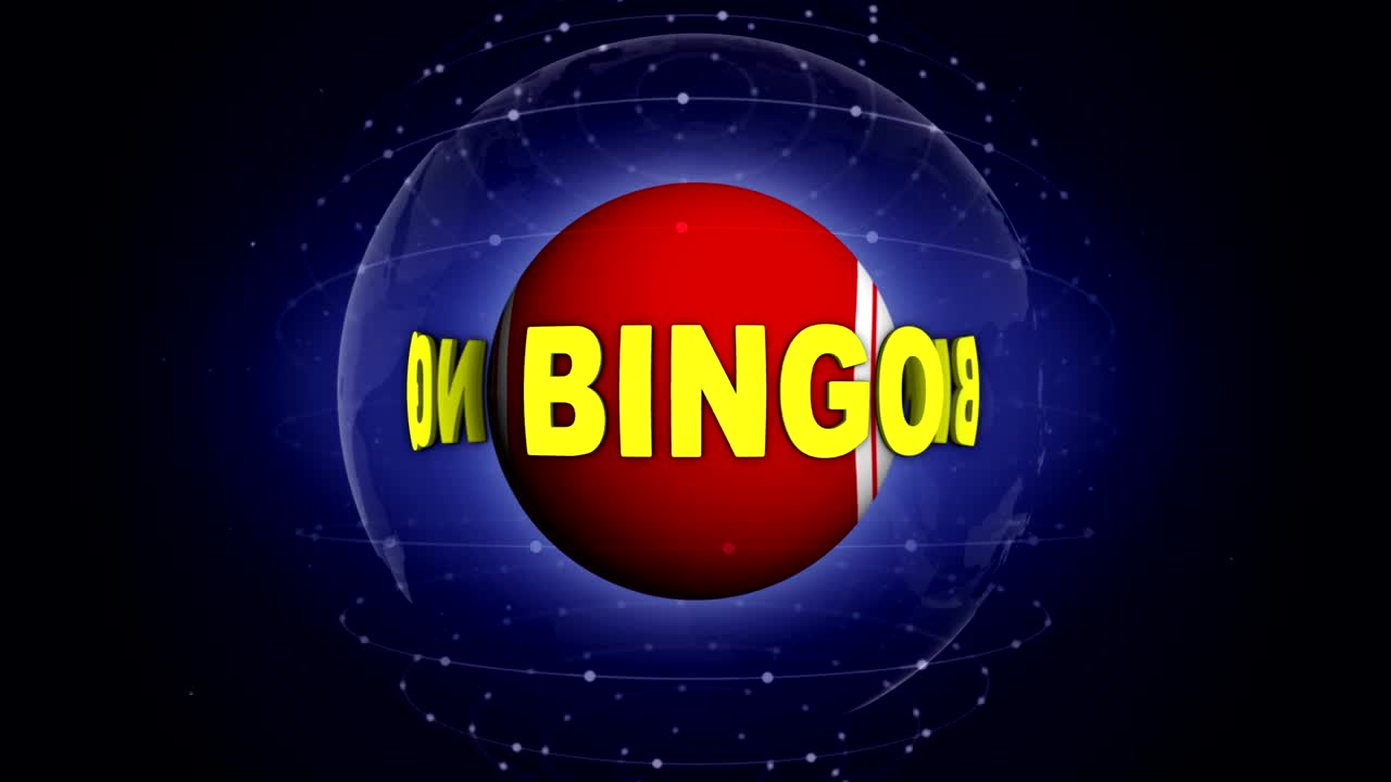 빙고 공을 둘러싼 빙고 텍스트 애니메이션, 렌더링, 배경, 루프