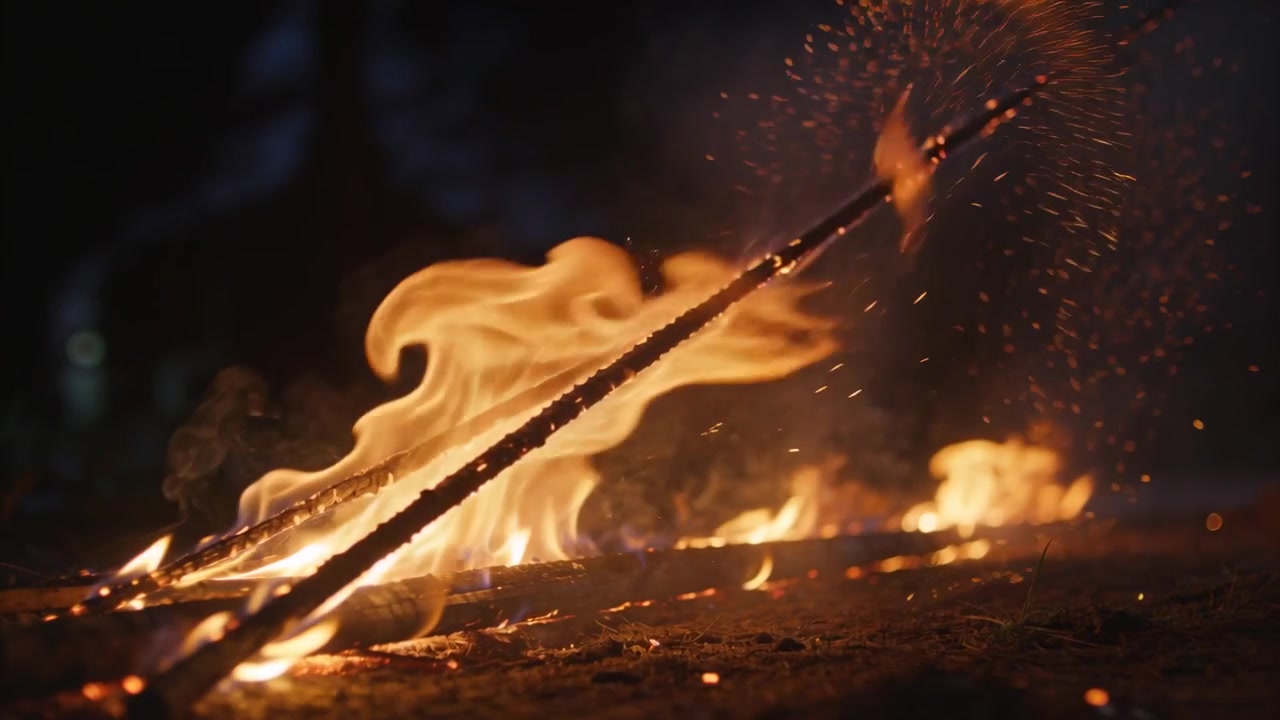 Fanning flames, breeze nudging two lit sticks at camp, flames feeding dry tinder, embers drifting