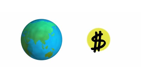 Animación-Del-Globo-Giratorio-Y-El-Signo-De-Dólar-En-Un-Círculo-Amarillo,-Sobre-Blanco