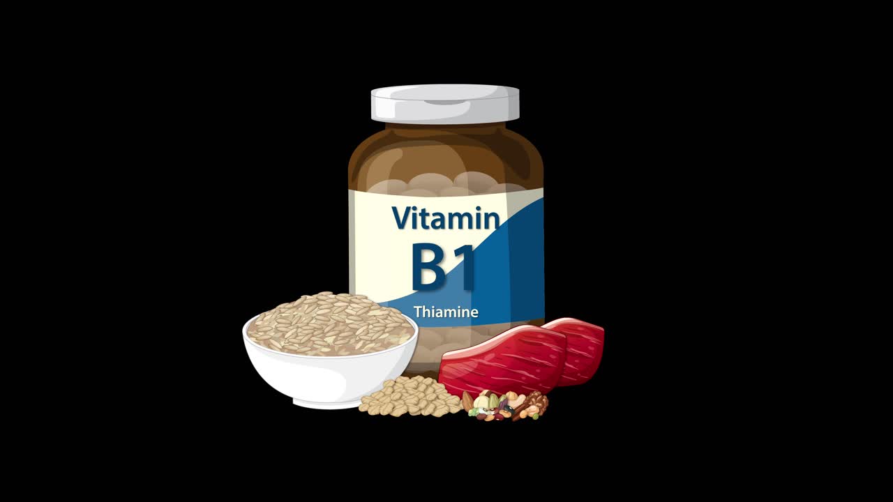 Vitamin B1 bottle animates with rice, grains, and meat on black background, smooth transitions