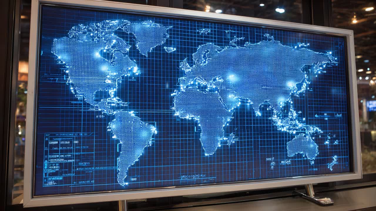 A Detailed Digital Map Displaying Global Connectivity Through Illuminated Points on a High-Tech Interface, Showcasing Advanced Geographical Information and Connectivity