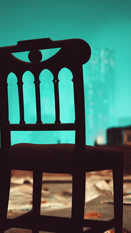 a dark wooden chair with a view of a city skyline