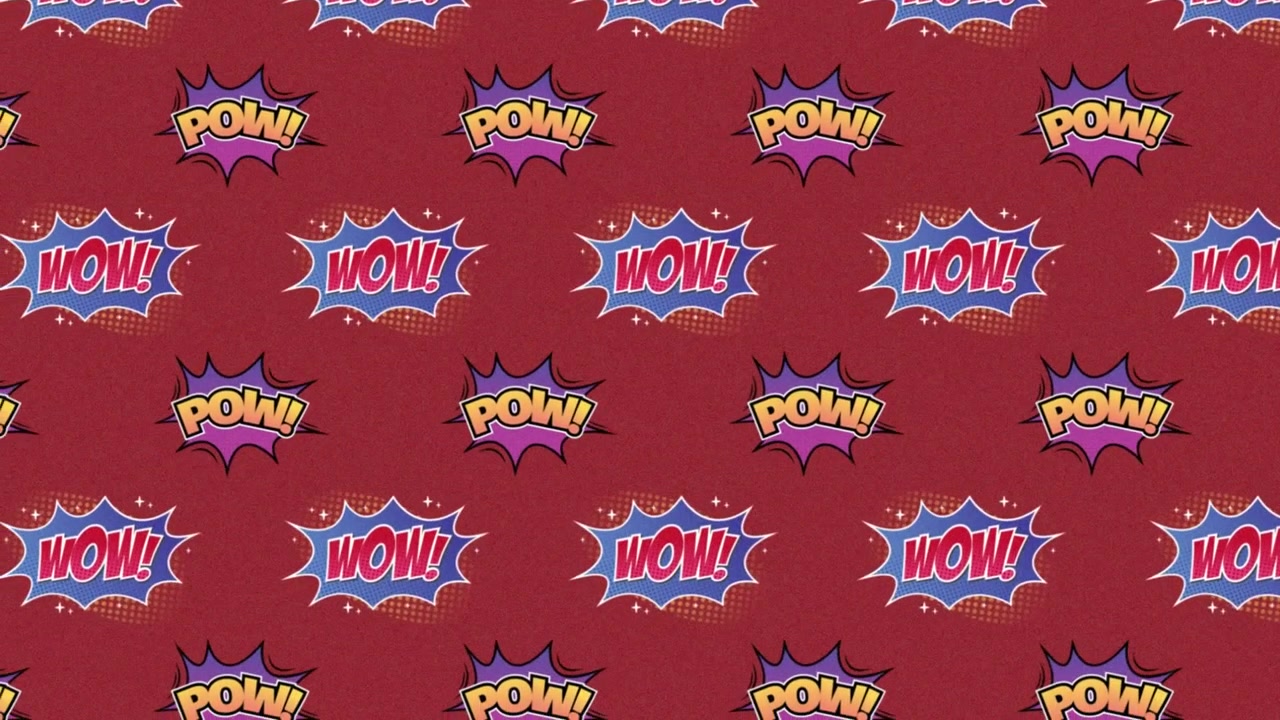 Animazione del testo 'pow' e 'wow' su fumetti retrò su sfondo rosso.