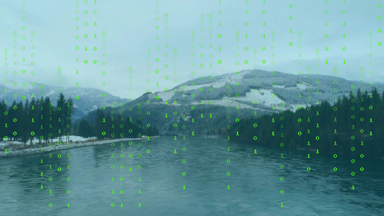 River flowing steady, on play green binary rain appearing and fading over water for tech demo