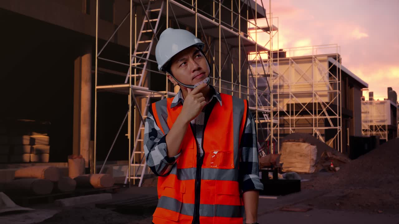 Thoughtful Construction Worker in Hard Hat at Building Site at Sunset