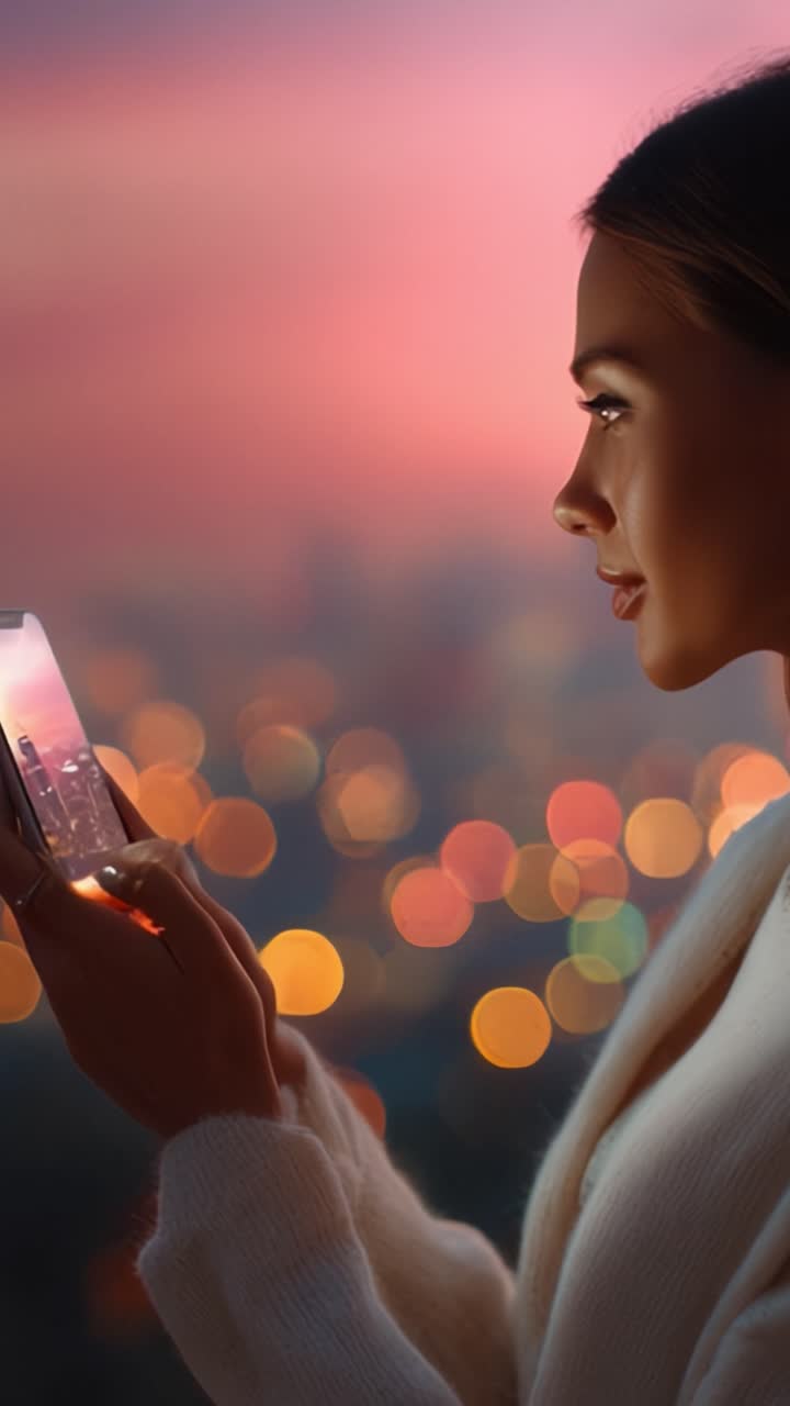 Incantevole luce serale: una donna immersa in un momento affascinante mentre tiene in mano uno smartphone sullo sfondo di uno splendido paesaggio urbano con una calda palette di colori al tramonto.