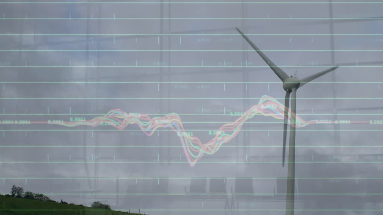 시골에서 풍력 터빈을 통해 금융 데이터 처리의 애니메이션