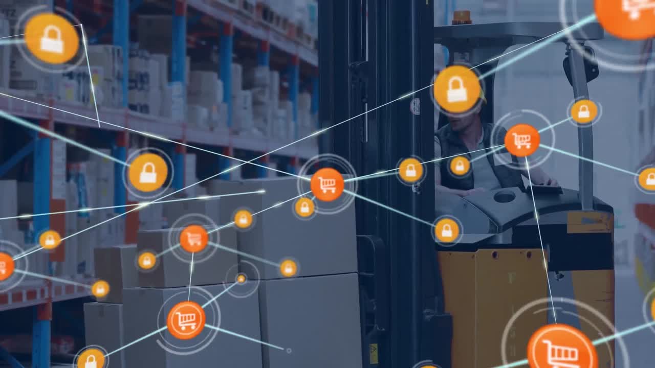 animación de la red de conexiones con íconos sobre el hombre en el almacén