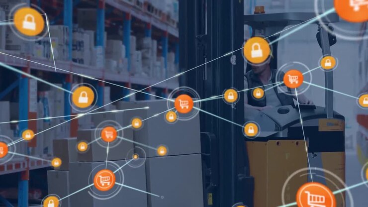 Animazione di una rete di connessioni con icone su un uomo in un magazzino