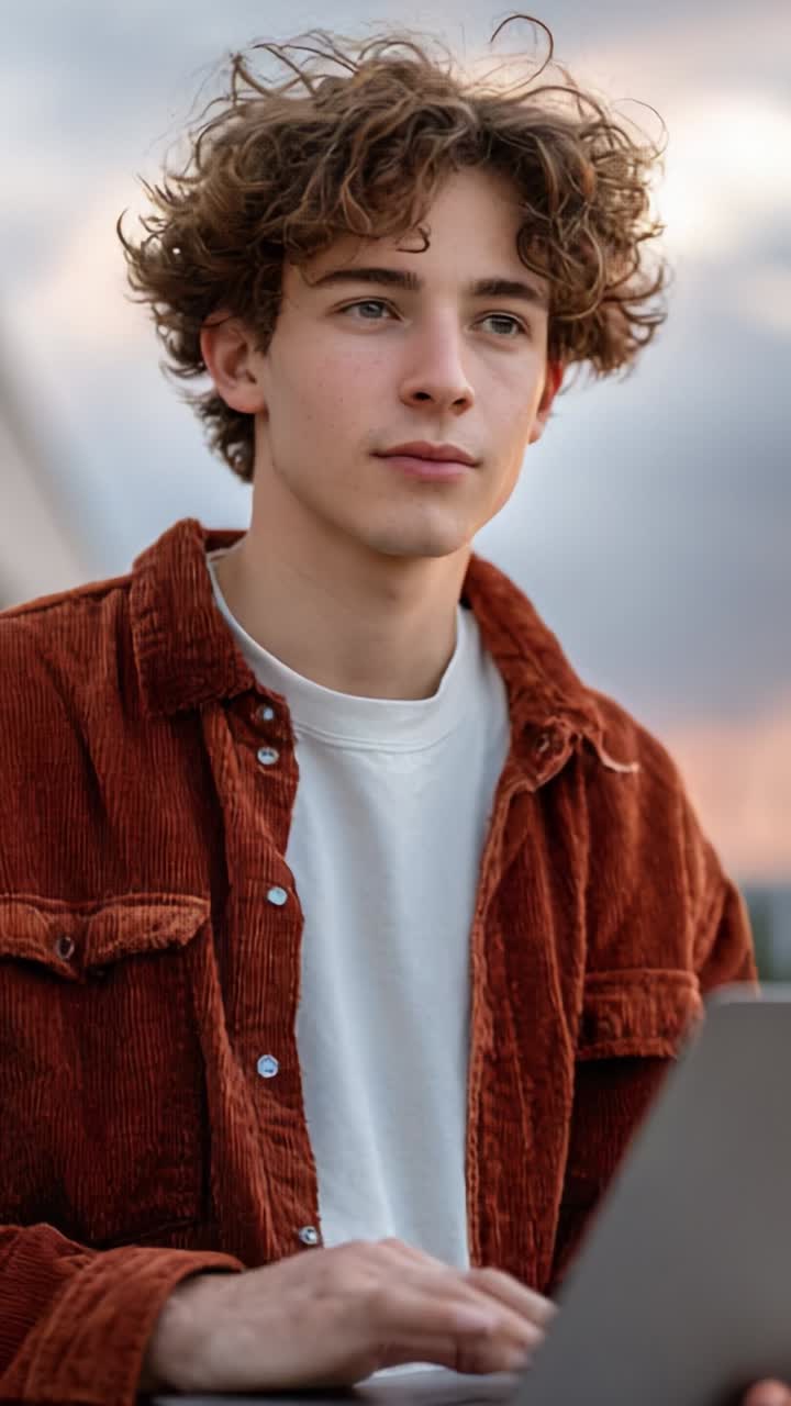 Young Man Engaged in Thoughtful Reflection While Using Laptop Outdoors, Surrounded by Soft Evening Light and Natural Scenery, Deep in Focus and Creativity