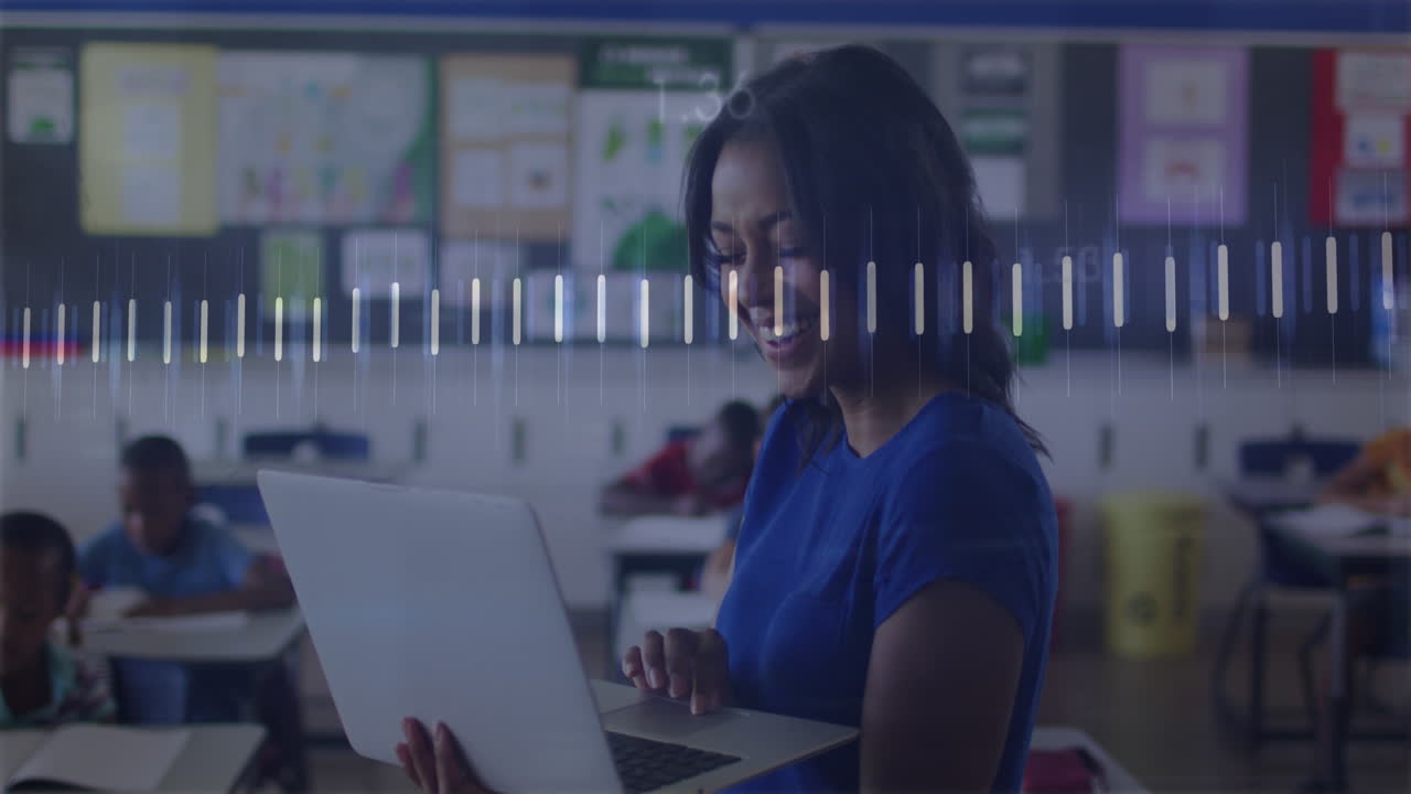 Animation of financial data processing over biracial female teacher using laptop