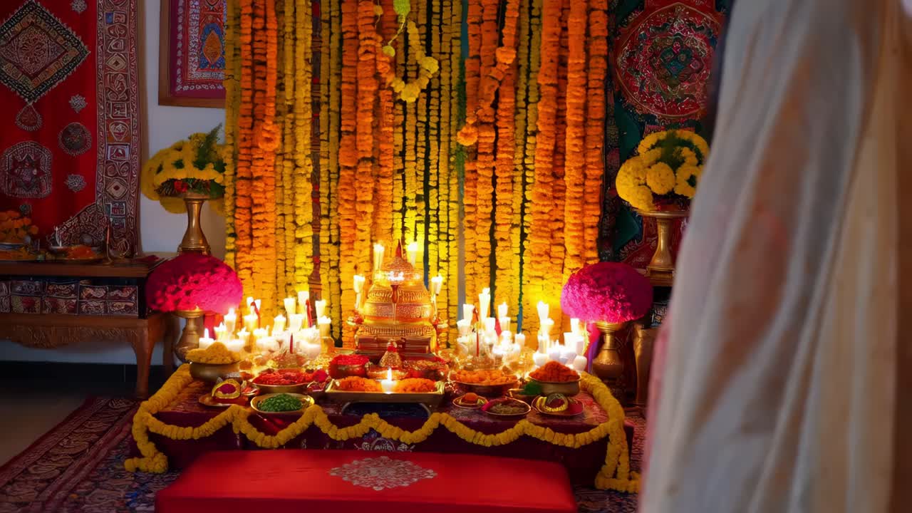 altar de ceremonia de boda indio decorado con caléndulas y velas