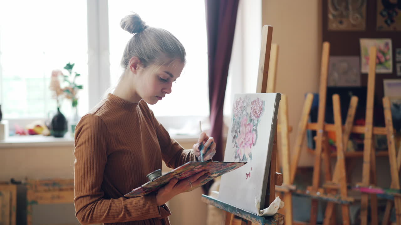 Donna che dipinge in uno studio d'arte