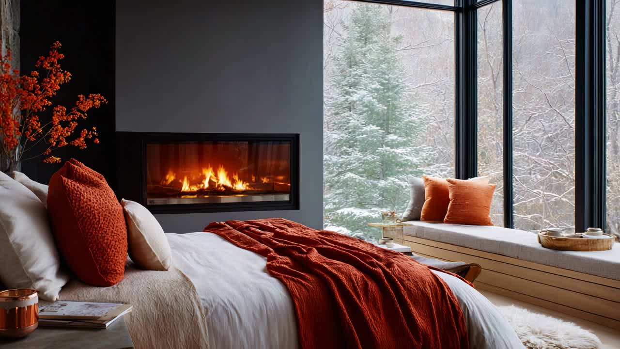 A Cozy Winter Bedroom Retreat Featuring a Warm Fireplace, Soft Textiles, and Scenic Snowy Landscape Views Through Expansive Windows for Ultimate Relaxation and Tranquility