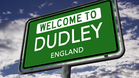 welcome to dudley, england, uk city road sign, realistic 3d animation