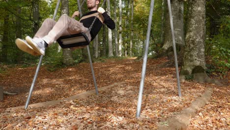 cheerful smiling man sitting on swing and swaying during beautiful sunny autumn day in park