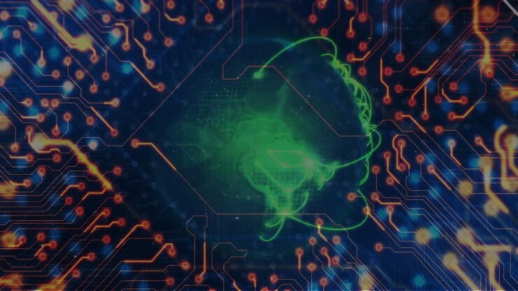 Animation eines digitalen Gehirns, das über einem grünen Hintergrund einer elektronischen Platine leuchtet.