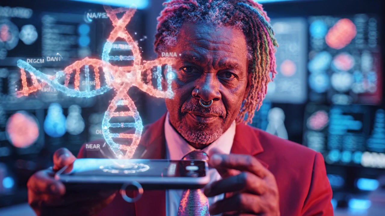 A distinguished scientist intertwines technology and genetics, examining a holographic DNA strand while surrounded by advanced monitoring systems in a futuristic lab.