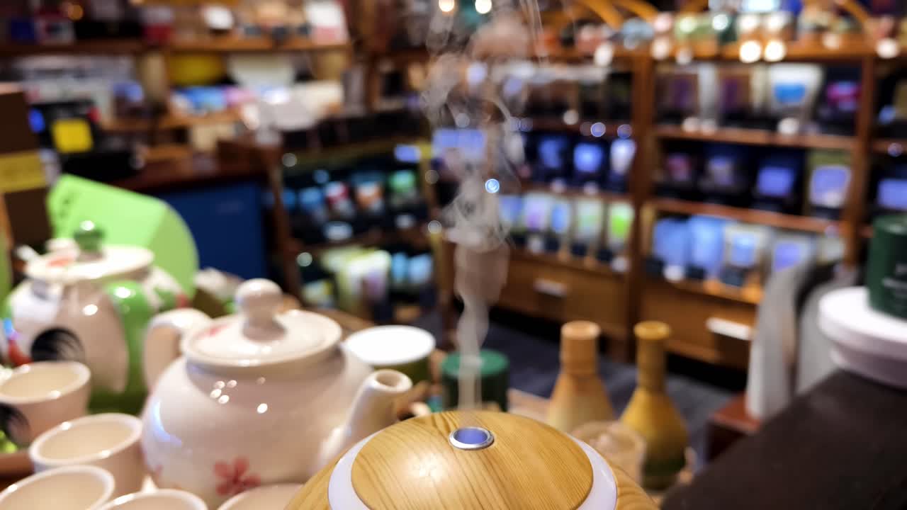 Aromatherapy diffuser and teapots in a store