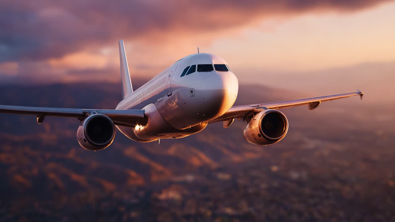 Un maestoso aeroplano si libra nel cielo al tramonto, catturando l'eleganza e la potenza dell'aviazione moderna in due splendide immagini