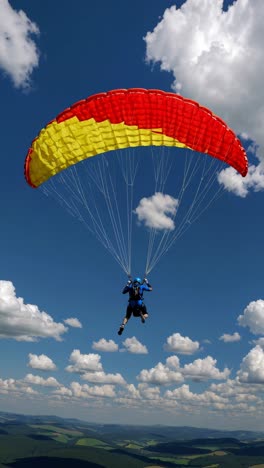 aerial video shot of a paraglider with a red and yellow canopy soaring against a bright blue sky