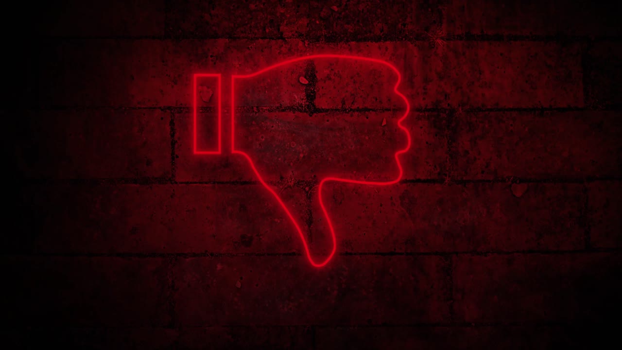 Thumbs down neon sign on brick wall 4k
