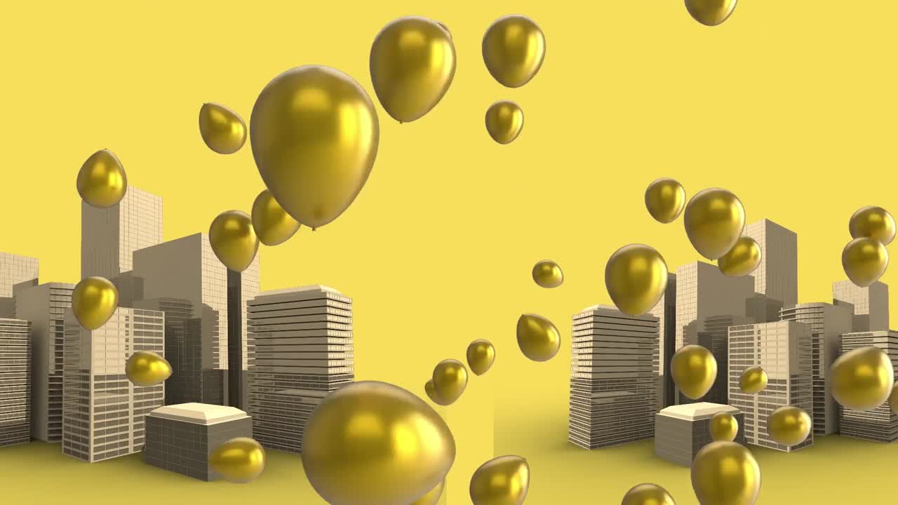 animación digital de múltiples globos flotando sobre un modelo de ciudad en 3d contra un fondo amarillo
