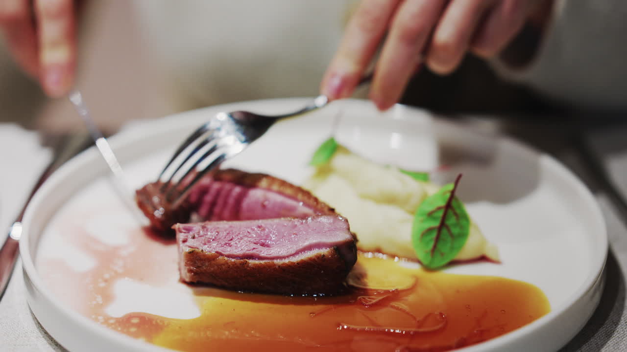 Close up of a gourmet meat dish served with sauce and mashed vegetables on a white plate